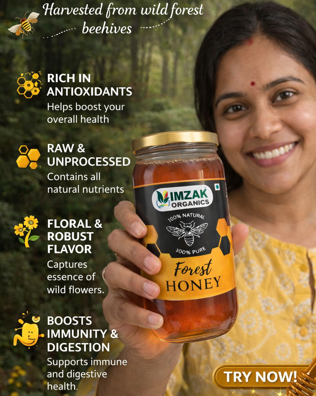 Imzak Organics Raw Forest Honey | 100% Pure & Natural | Unprocessed Wild Forest Honey | Rich Aroma & Natural Sweetener