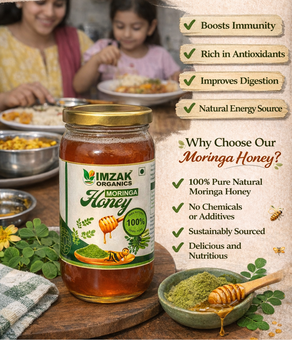 Imzak Organics | Raw Moringa Honey – Pure Drumstick Flower Honey | Natural Antioxidant Rich Honey | 500g Glass Jar