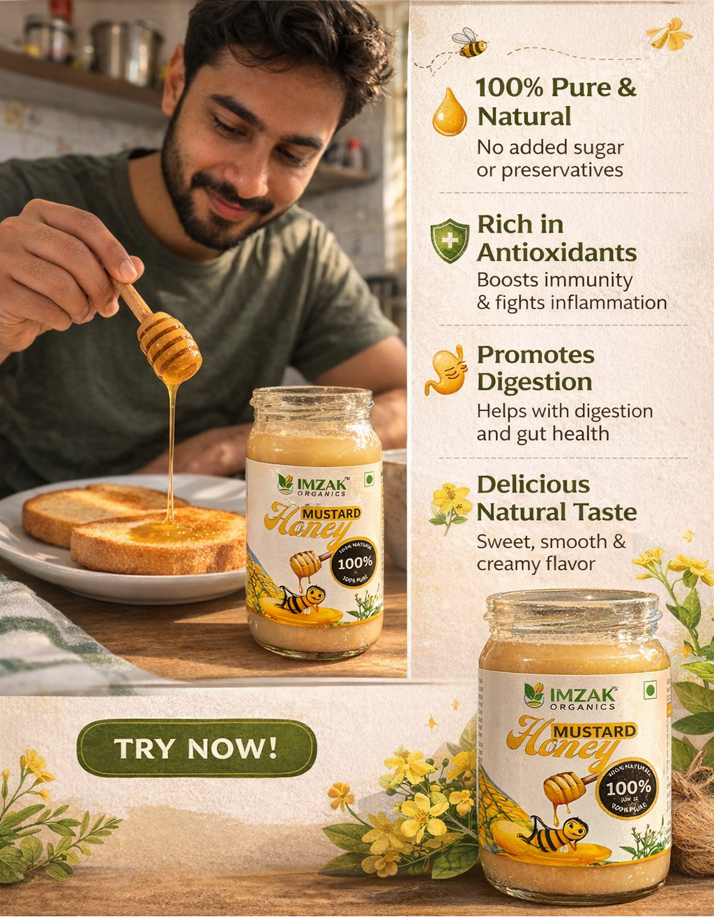 Imzak Organics | Mustard Cream Honey – Pure Mustard Flower Honey | Natural Creamed Honey Spread | Glass Jar