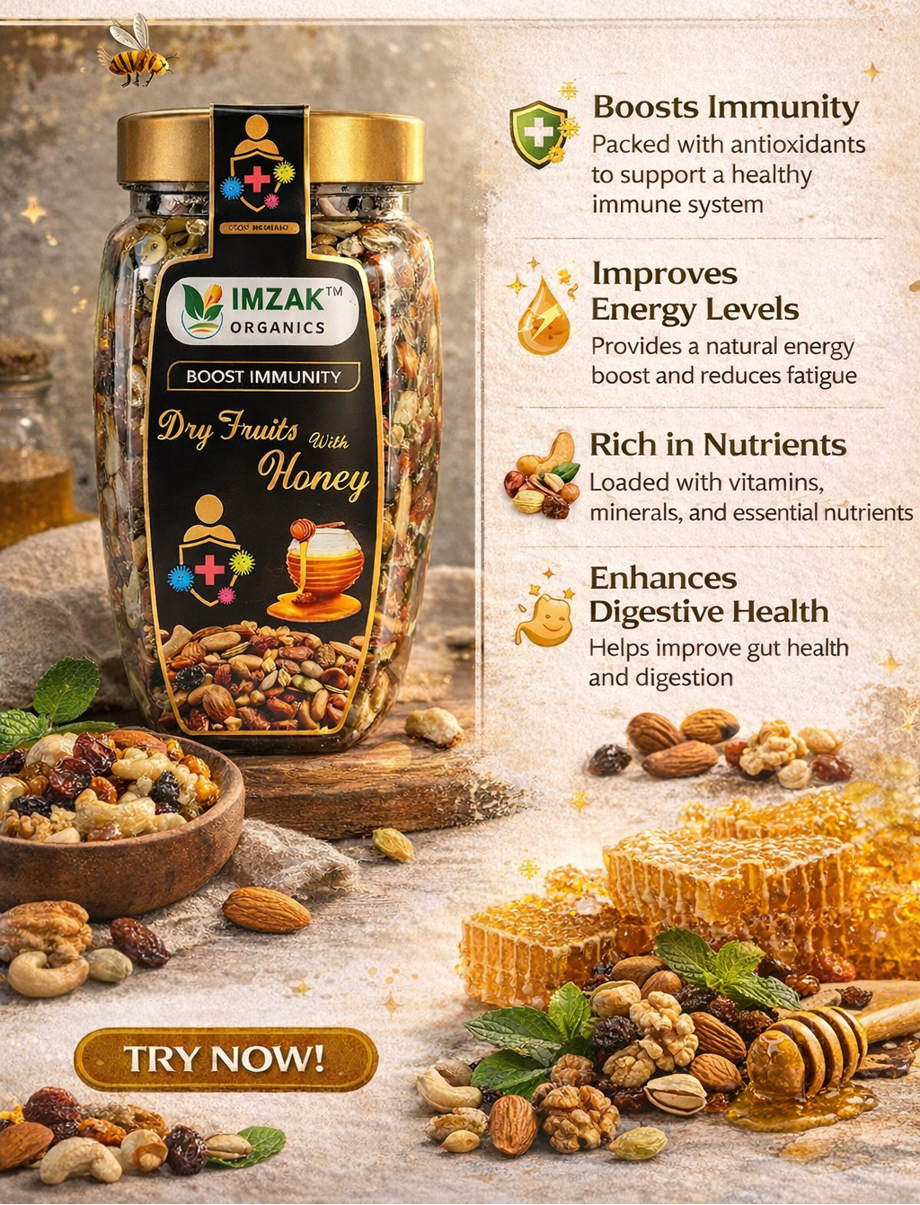 Imzak Organics | Dry Fruits in Honey – Premium Mixed Nuts Soaked in Pure Honey | Natural Immunity Booster